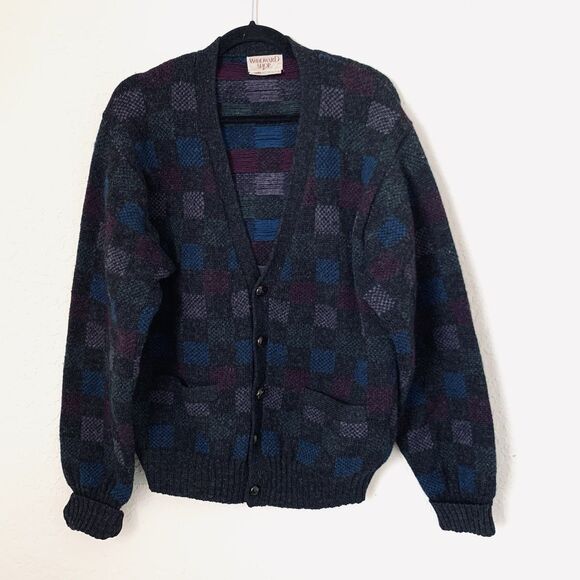 Vintage 90s Grandpa Cardigan Sweater Men L Chunky Black Plaid 100% Wool Dad 80s - Picture 1 of 8